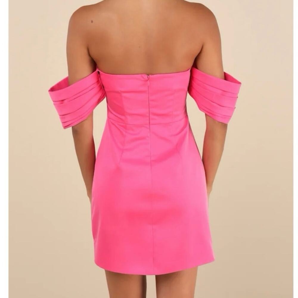 Lulus Totally Haute Hot Pink Satin Pleated Off-the-Shoulder Mini Dress Size S - Picture 2 of 9